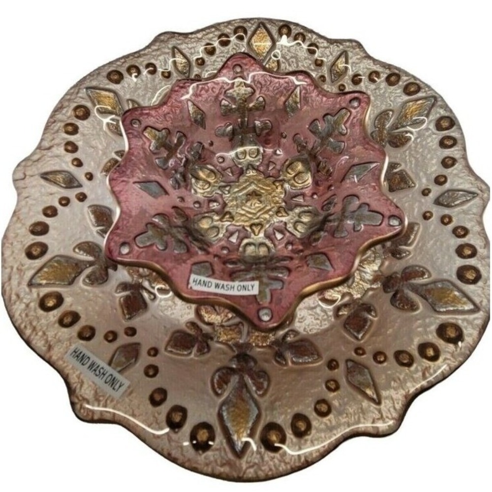 Grasslands Road Snowflake Glass Plate Bowl Set Champagne Mauve Pink Textured 2pc